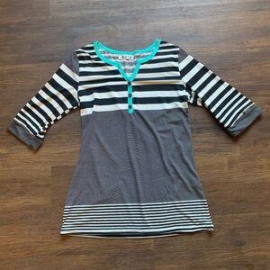 Amia Striped Half Sleeve Henley Tee with Teal Accents